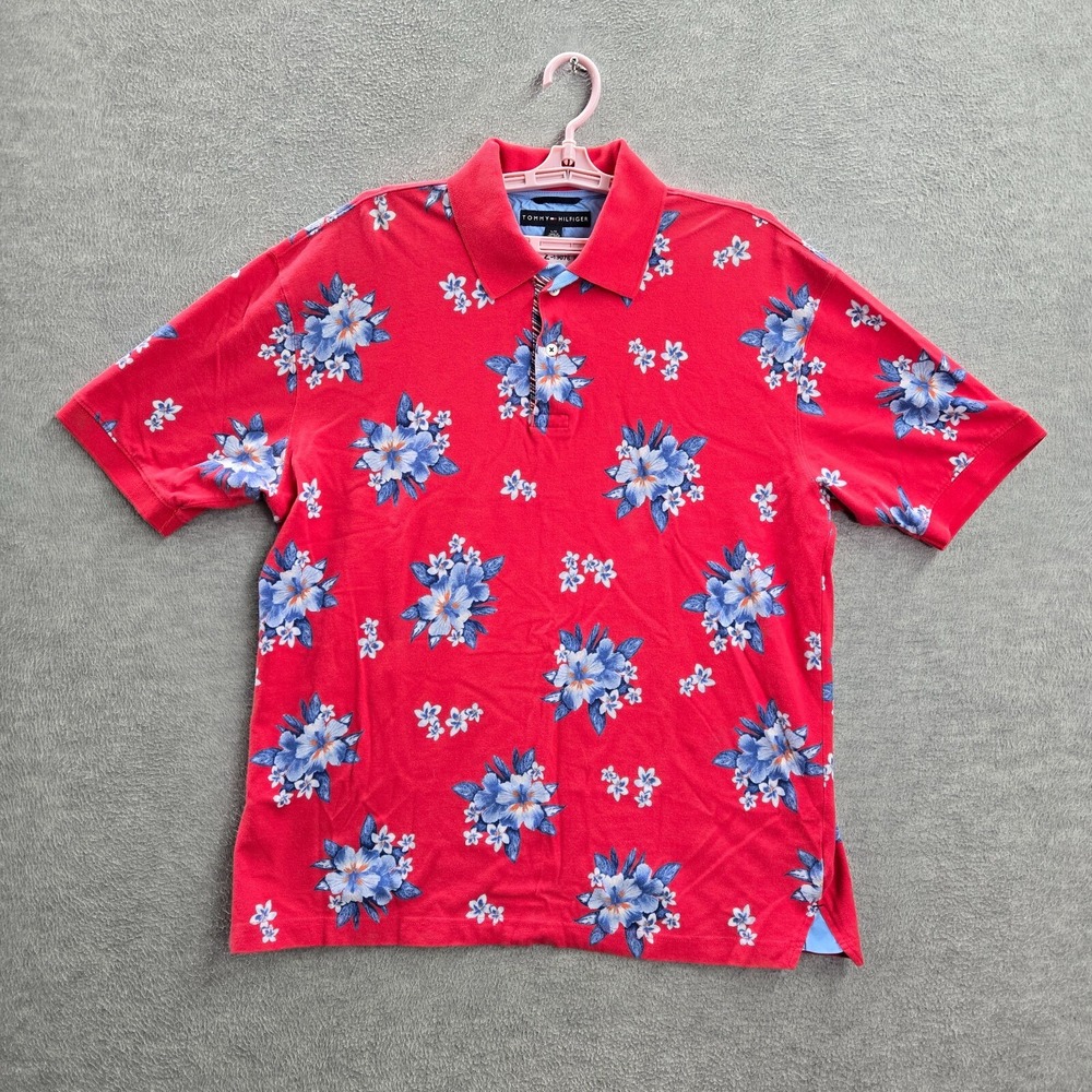 Tommy Hilfiger Men Polo Shirt Large Pink Floral Short Sleeve Collar Pullover